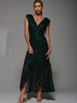 Jolie Moi Dark Green Sequin Asymmetric Ruffle Hem Maxi Dress