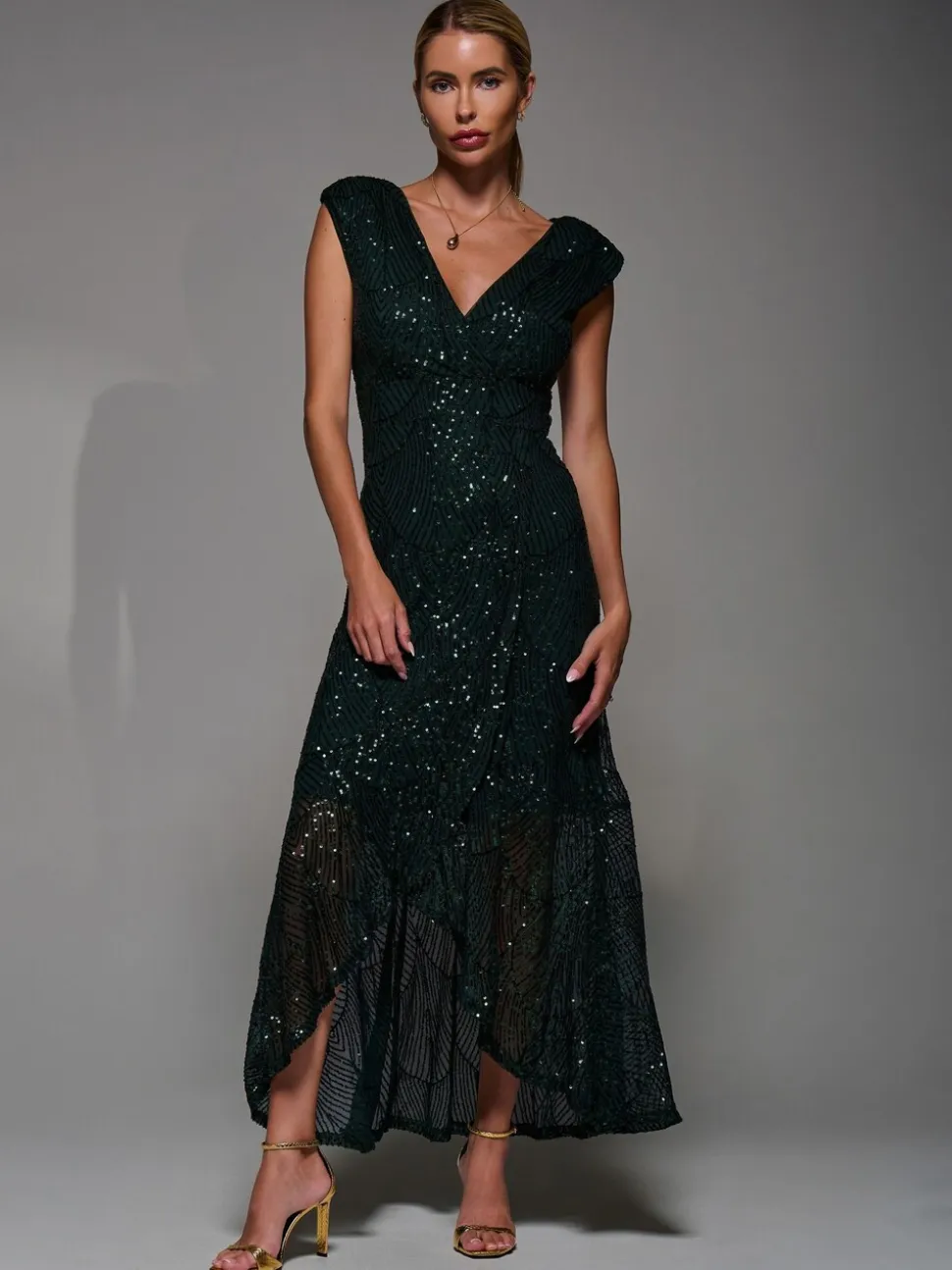 Jolie Moi Dark Green Sequin Asymmetric Ruffle Hem Maxi Dress