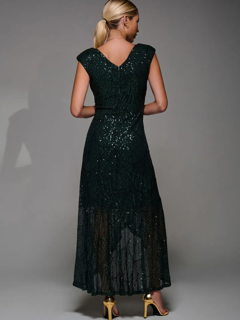 Jolie Moi Dark Green Sequin Asymmetric Ruffle Hem Maxi Dress