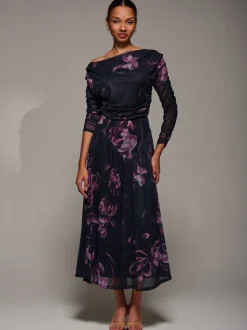 Jolie Moi Denim Black Long Sleeve Asymmetric Gathered Mesh Midi Dress