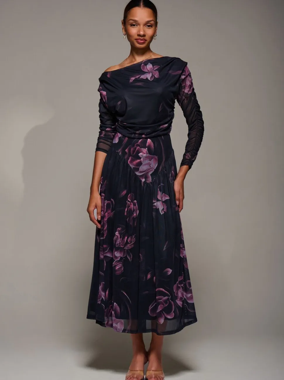 Jolie Moi Denim Black Long Sleeve Asymmetric Gathered Mesh Midi Dress