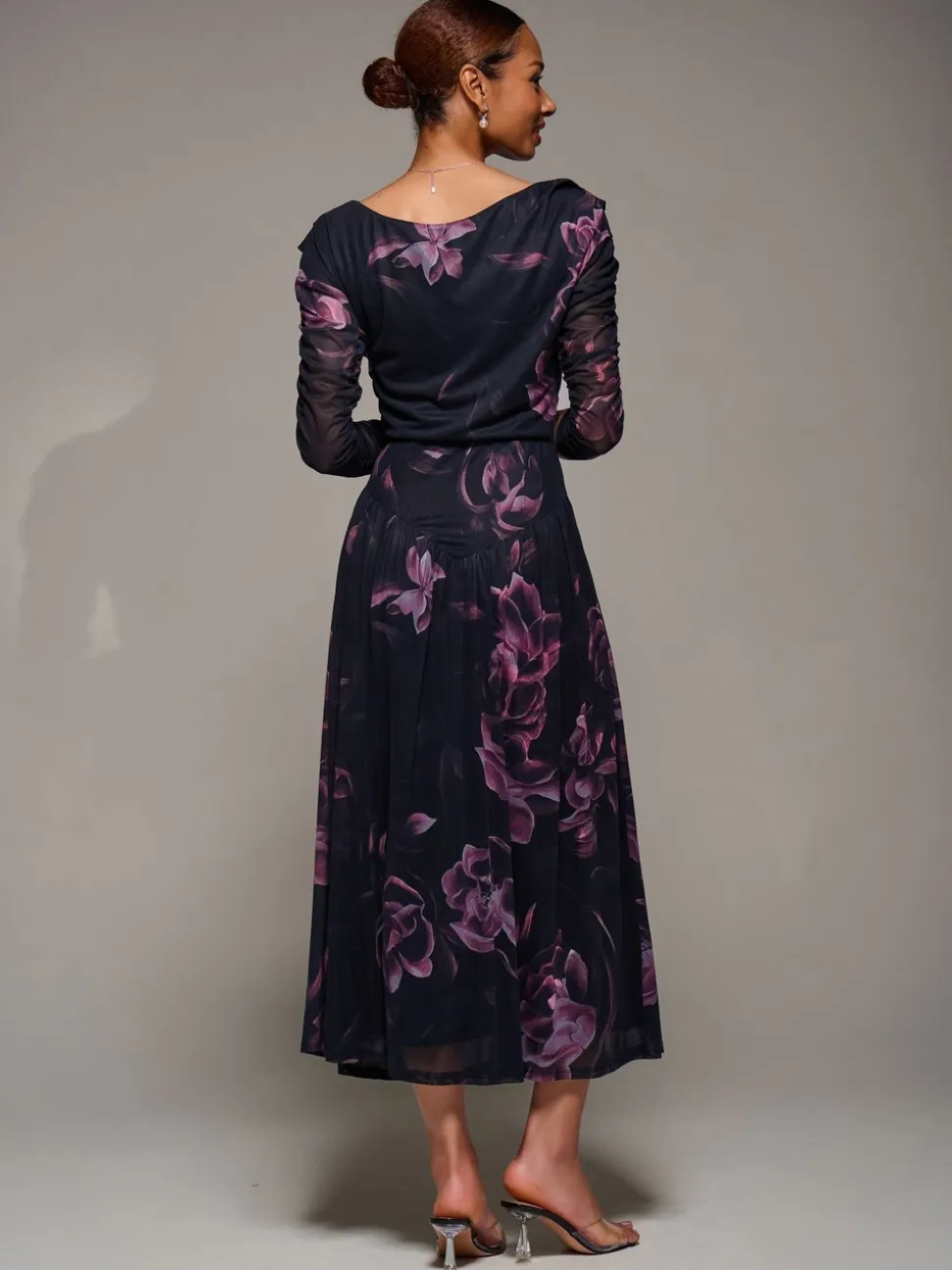Jolie Moi Denim Black Long Sleeve Asymmetric Gathered Mesh Midi Dress