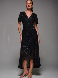 Jolie Moi Denim Black Sequin Angel Sleeve Ruffle Hem Maxi Dress