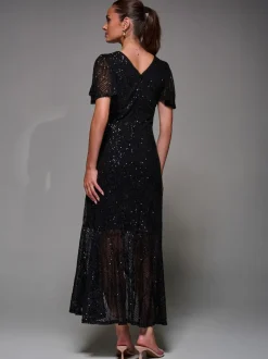 Jolie Moi Denim Black Sequin Angel Sleeve Ruffle Hem Maxi Dress