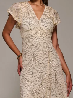 Jolie Moi Gold Frill Short Sleeve Sequin Maxi Dress