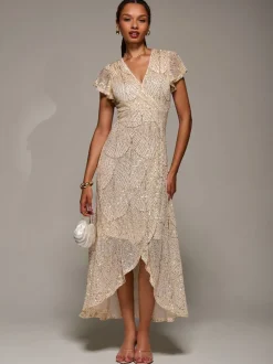 Jolie Moi Gold Frill Short Sleeve Sequin Maxi Dress