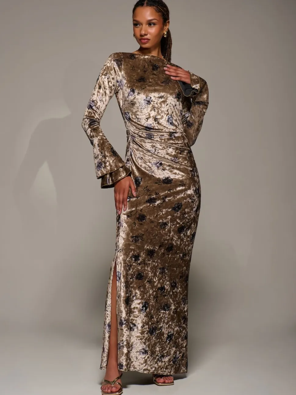 Jolie Moi Gold Ruffle Sleeve Asymmetric Neck Velvet Maxi Dress