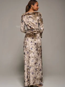 Jolie Moi Gold Ruffle Sleeve Asymmetric Neck Velvet Maxi Dress