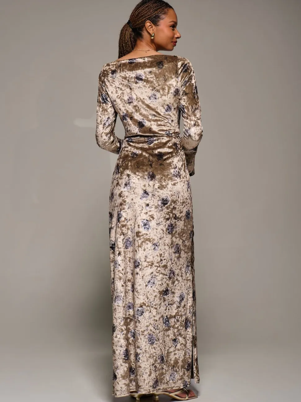 Jolie Moi Gold Ruffle Sleeve Asymmetric Neck Velvet Maxi Dress