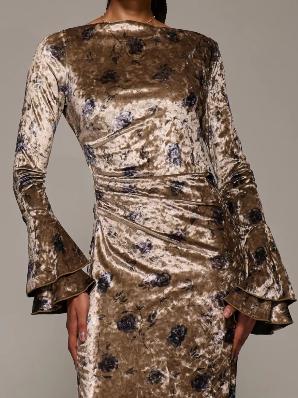 Jolie Moi Gold Ruffle Sleeve Asymmetric Neck Velvet Maxi Dress