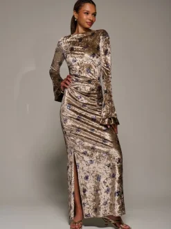 Jolie Moi Gold Ruffle Sleeve Asymmetric Neck Velvet Maxi Dress