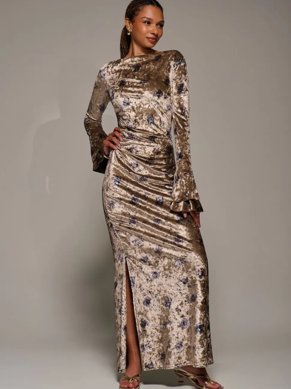 Jolie Moi Gold Ruffle Sleeve Asymmetric Neck Velvet Maxi Dress