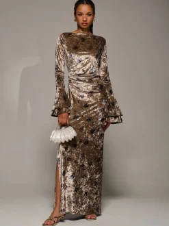 Jolie Moi Gold Ruffle Sleeve Asymmetric Neck Velvet Maxi Dress