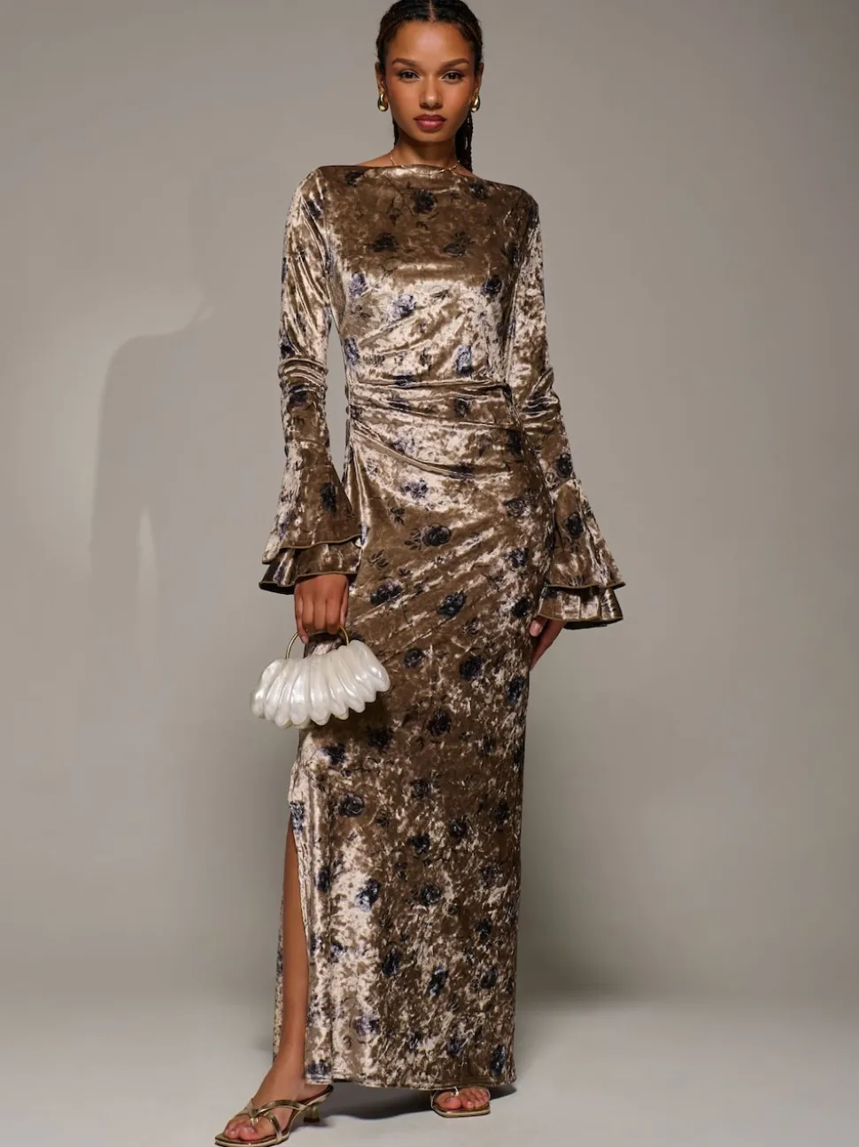 Jolie Moi Gold Ruffle Sleeve Asymmetric Neck Velvet Maxi Dress
