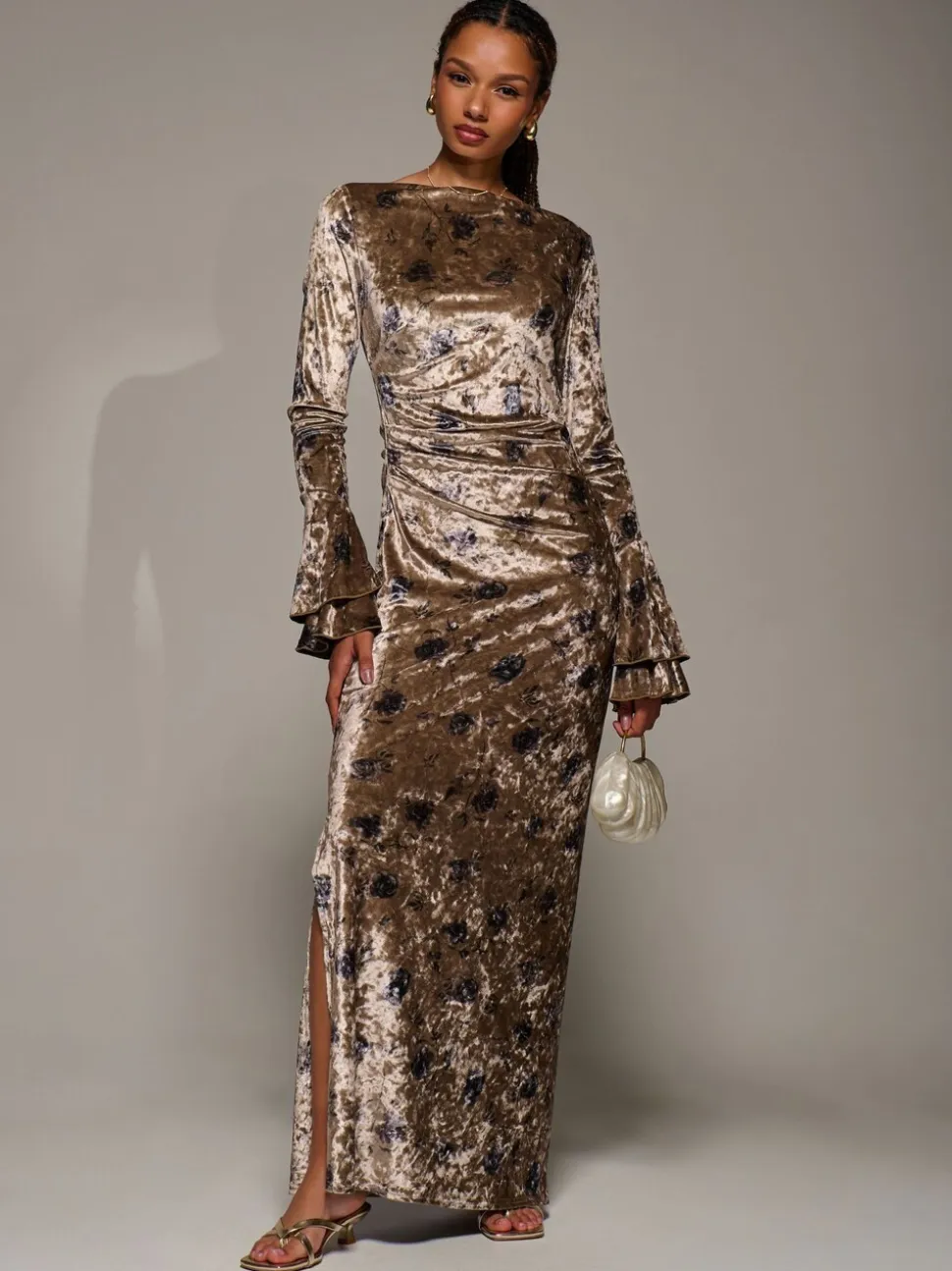 Jolie Moi Gold Ruffle Sleeve Asymmetric Neck Velvet Maxi Dress