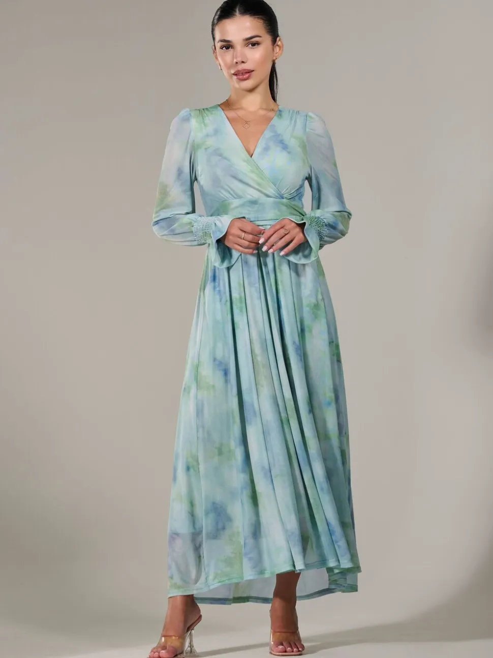 Jolie Moi Green Petite Petite Long Sleeve Soft Silky Jersey Midi Dress