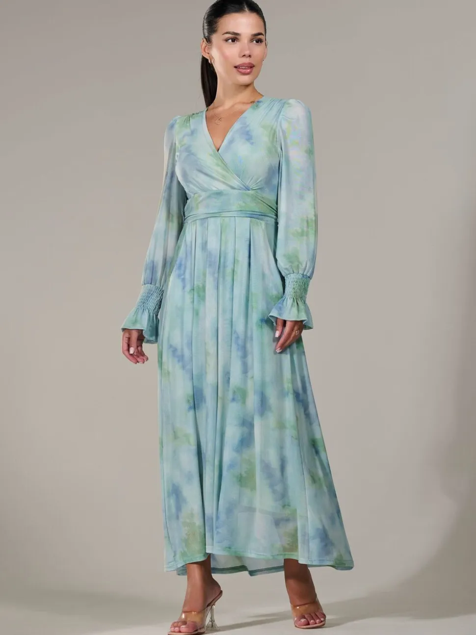 Jolie Moi Green Petite Petite Long Sleeve Soft Silky Jersey Midi Dress