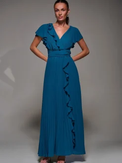 Jolie Moi Green Pleated Frill Detail Chiffon Maxi Dress