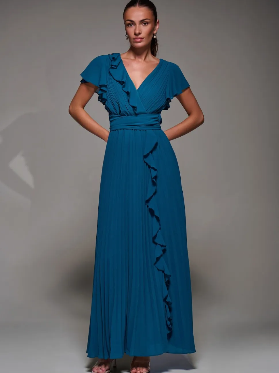 Jolie Moi Green Pleated Frill Detail Chiffon Maxi Dress
