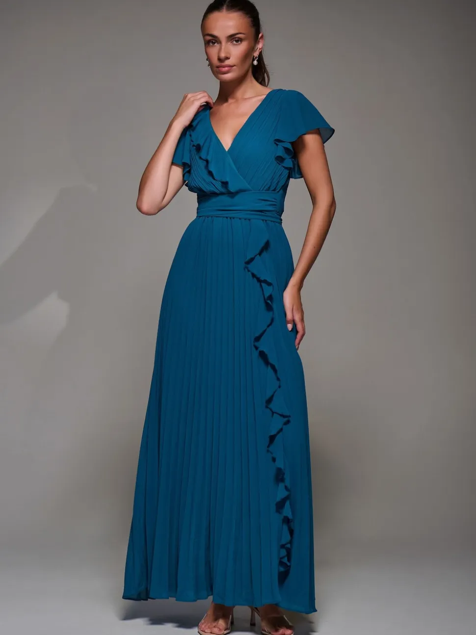Jolie Moi Green Pleated Frill Detail Chiffon Maxi Dress