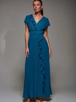 Jolie Moi Green Pleated Frill Detail Chiffon Maxi Dress