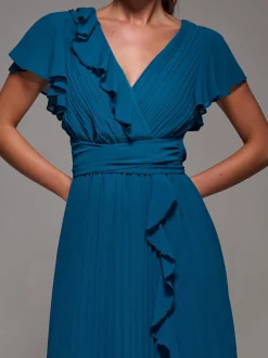 Jolie Moi Green Pleated Frill Detail Chiffon Maxi Dress