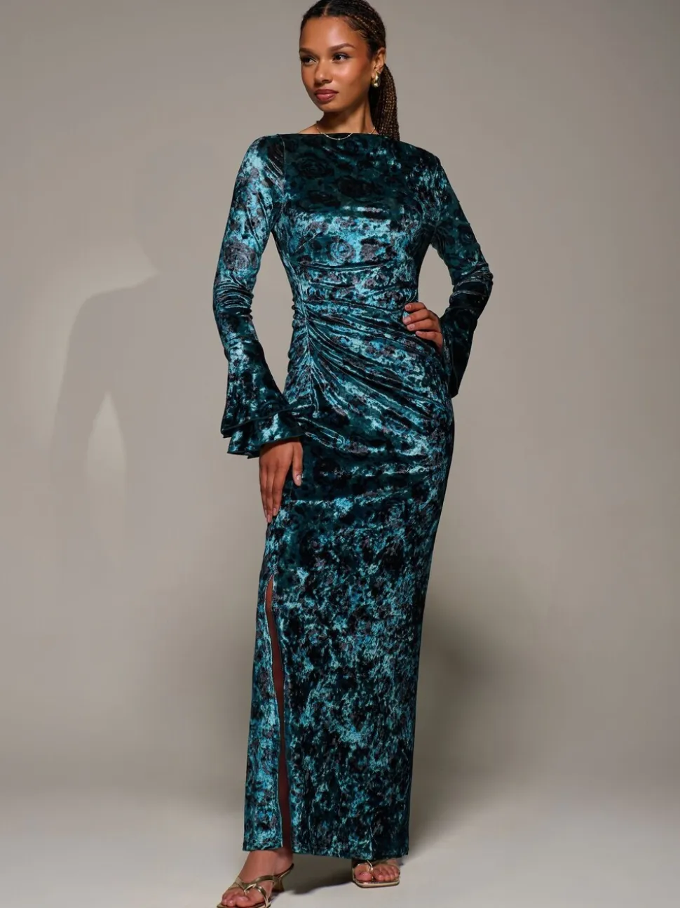 Jolie Moi Green Ruffle Sleeve Asymmetric Neck Velvet Maxi Dress