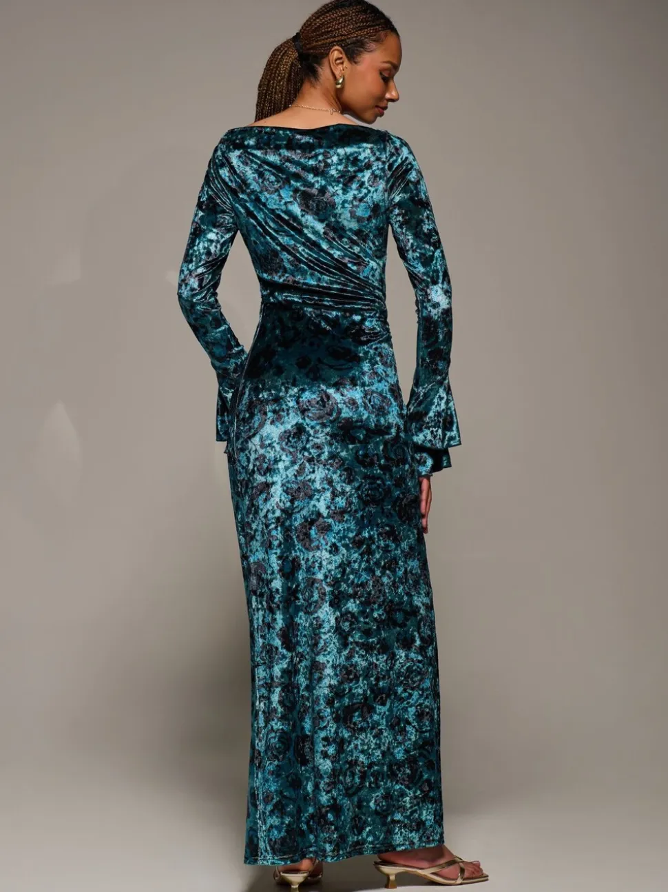 Jolie Moi Green Ruffle Sleeve Asymmetric Neck Velvet Maxi Dress