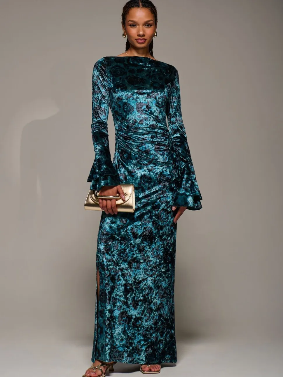 Jolie Moi Green Ruffle Sleeve Asymmetric Neck Velvet Maxi Dress
