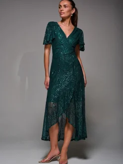 Jolie Moi Green Sequin Angel Sleeve Ruffle Hem Maxi Dress