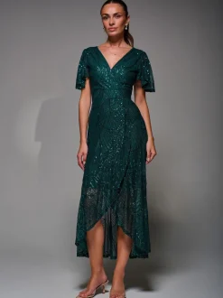 Jolie Moi Green Sequin Angel Sleeve Ruffle Hem Maxi Dress