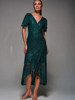 Jolie Moi Green Sequin Angel Sleeve Ruffle Hem Maxi Dress