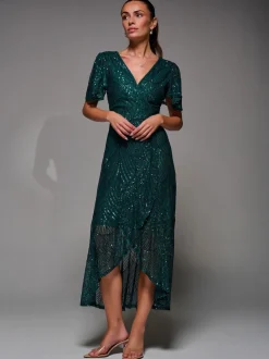 Jolie Moi Green Sequin Angel Sleeve Ruffle Hem Maxi Dress