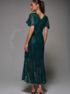 Jolie Moi Green Sequin Angel Sleeve Ruffle Hem Maxi Dress