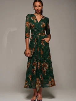 Jolie Moi Green Three Quarter Sleeve Printed Lace Maxi Dress