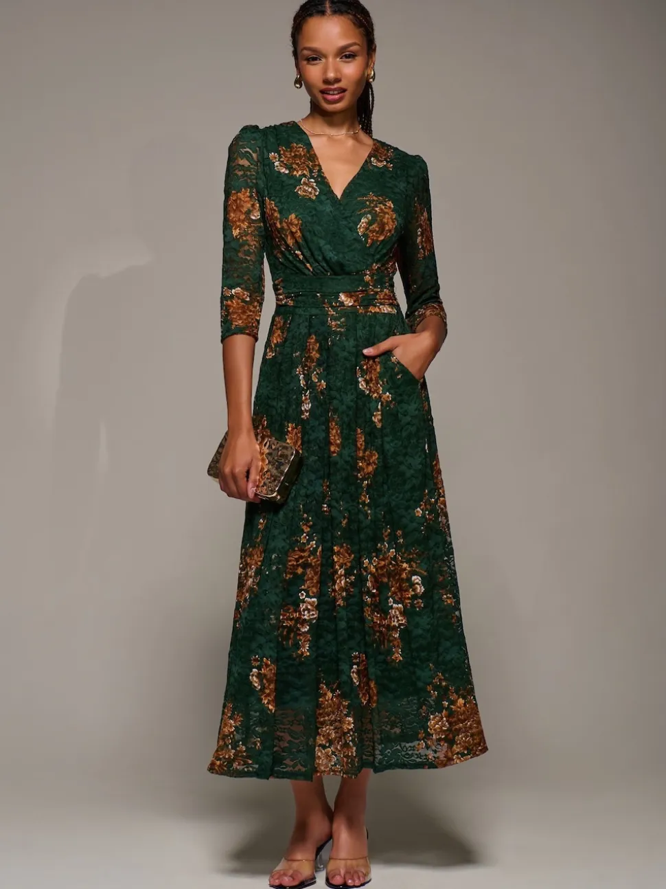 Jolie Moi Green Three Quarter Sleeve Printed Lace Maxi Dress