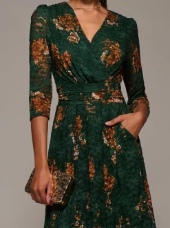 Jolie Moi Green Three Quarter Sleeve Printed Lace Maxi Dress
