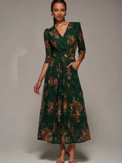 Jolie Moi Green Three Quarter Sleeve Printed Lace Maxi Dress