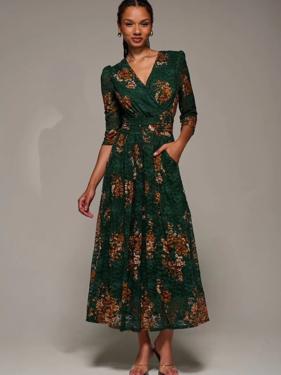 Jolie Moi Green Three Quarter Sleeve Printed Lace Maxi Dress