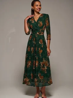 Jolie Moi Green Three Quarter Sleeve Printed Lace Maxi Dress
