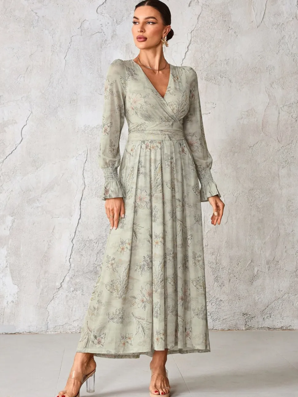 Jolie Moi Grey Long Sleeve Mesh Maxi Dress