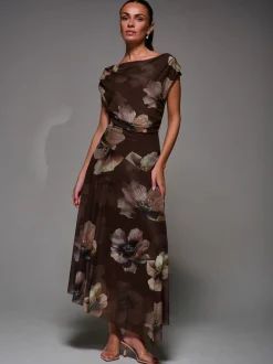 Jolie Moi Light Brown Mesh Asymmetrical Draped Maxi Dress