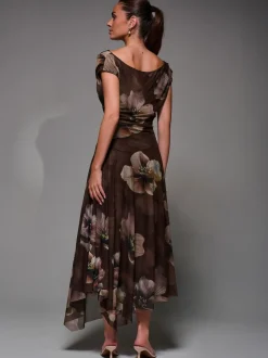 Jolie Moi Light Brown Mesh Asymmetrical Draped Maxi Dress
