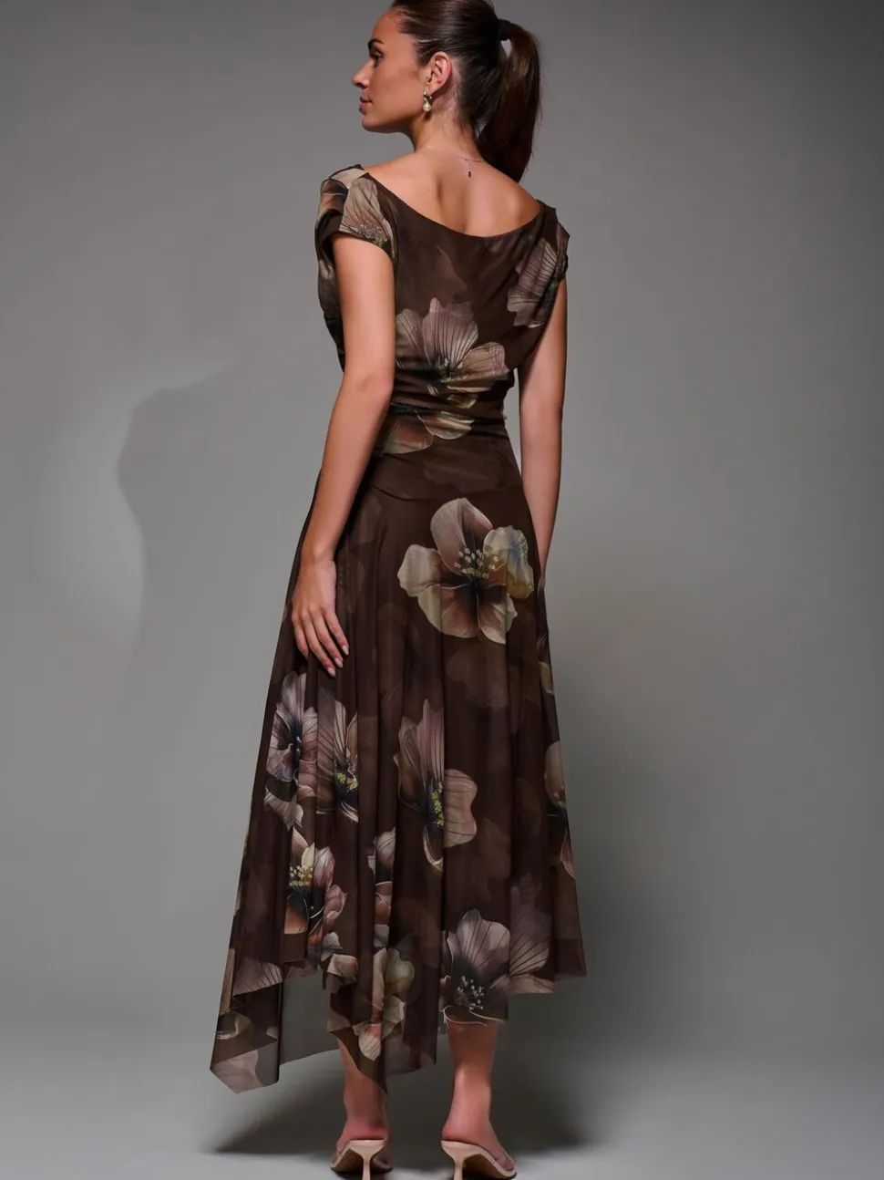 Jolie Moi Light Brown Mesh Asymmetrical Draped Maxi Dress