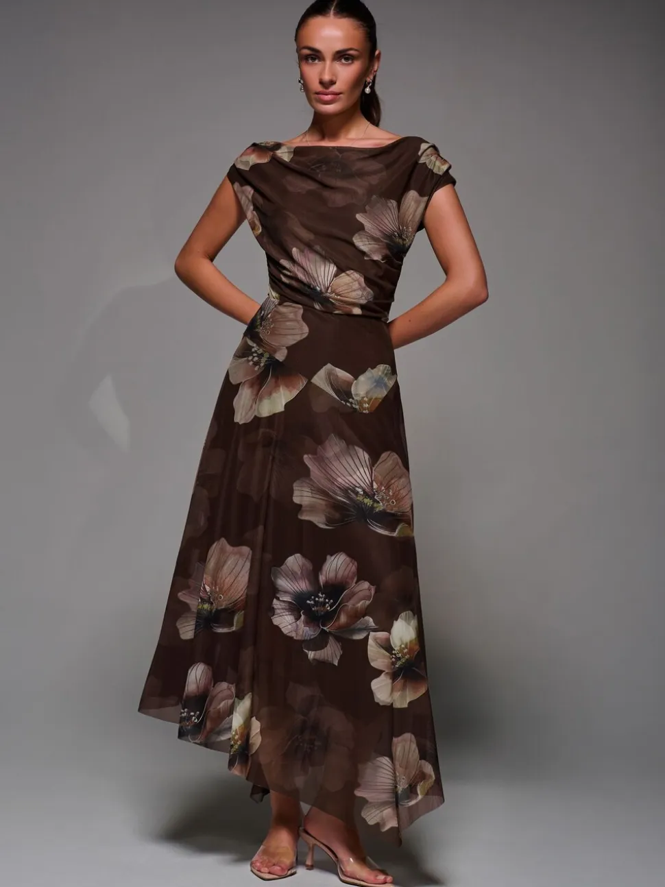 Jolie Moi Light Brown Mesh Asymmetrical Draped Maxi Dress