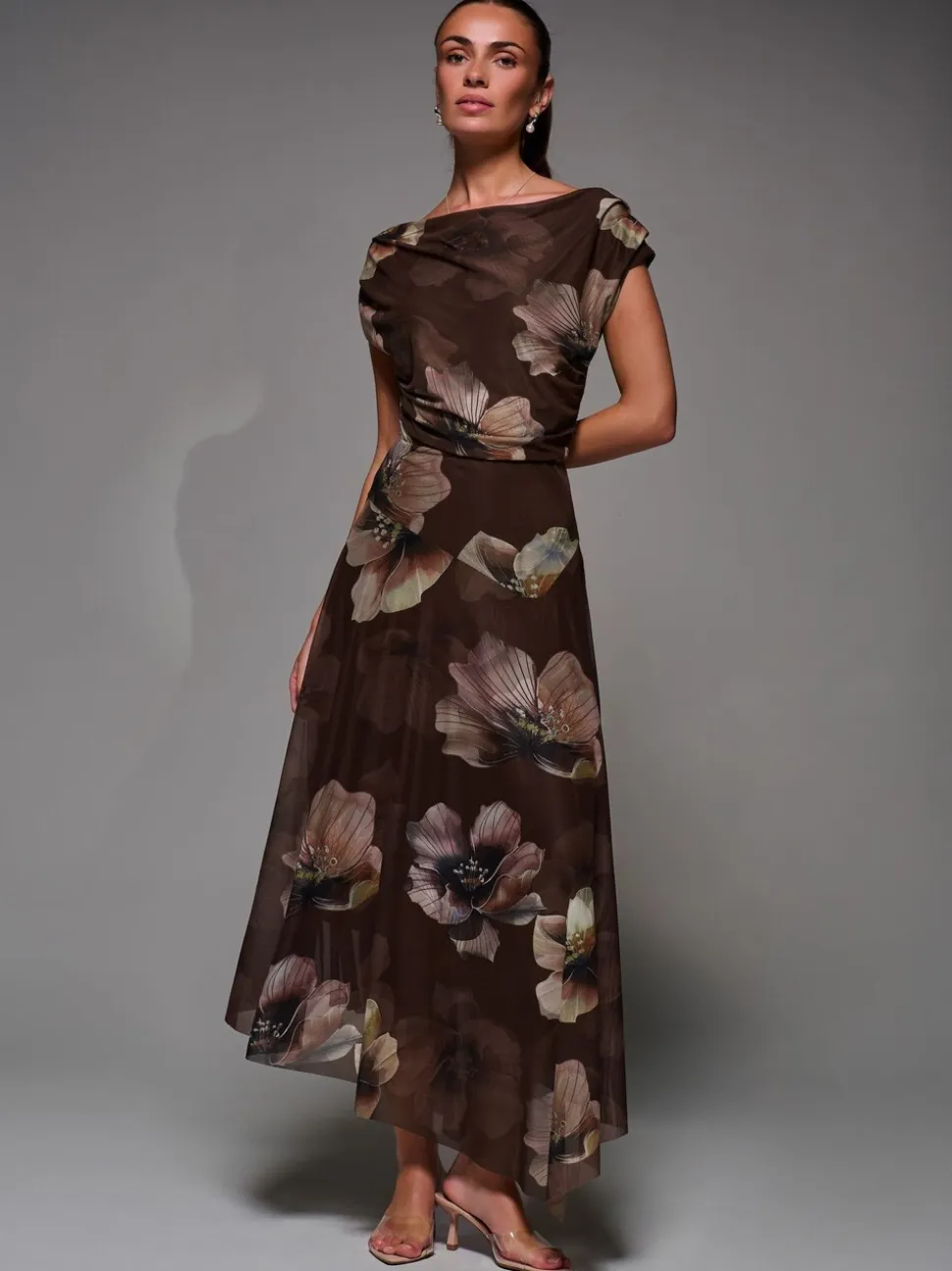 Jolie Moi Light Brown Mesh Asymmetrical Draped Maxi Dress