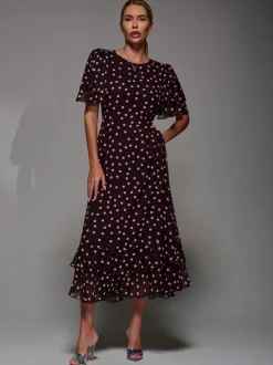 Jolie Moi Maroon Red Frill Detail Chiffon Midaxi Dress