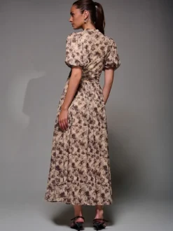 Jolie Moi Natural Puffy Sleeve Printed Mesh Maxi Dress