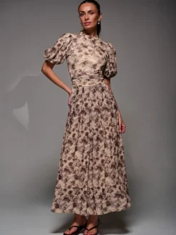 Jolie Moi Natural Puffy Sleeve Printed Mesh Maxi Dress