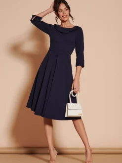 Jolie Moi Navy Blue 3/4 Sleeve Fold Neck Midi Dress